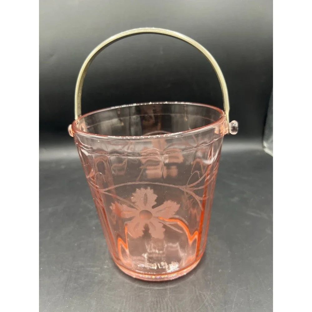 Vintage Cambridge Pink Depression Glass Ice Bucket Etched Floral Grapes Tongs